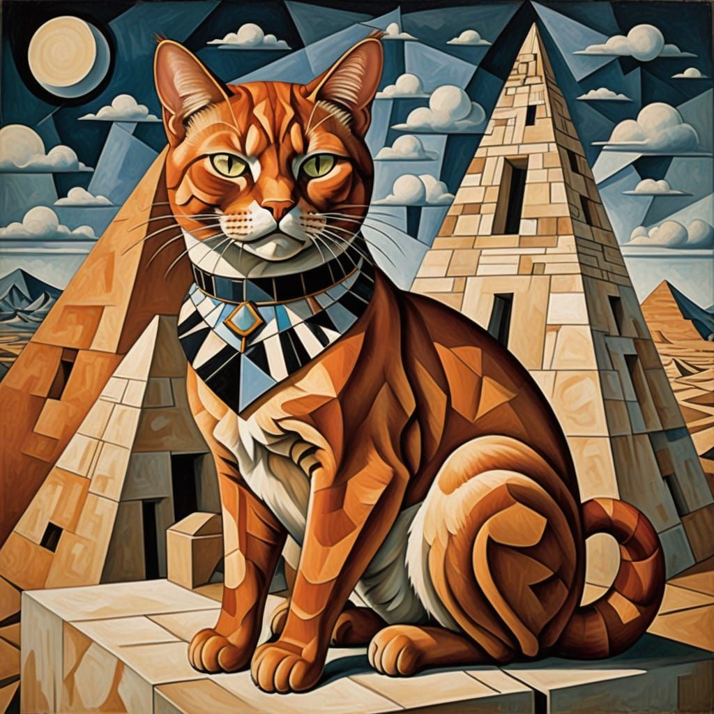 Grumpy Red Cat Reigns Over Ancient Pyramid in Neo-Cubist Art...