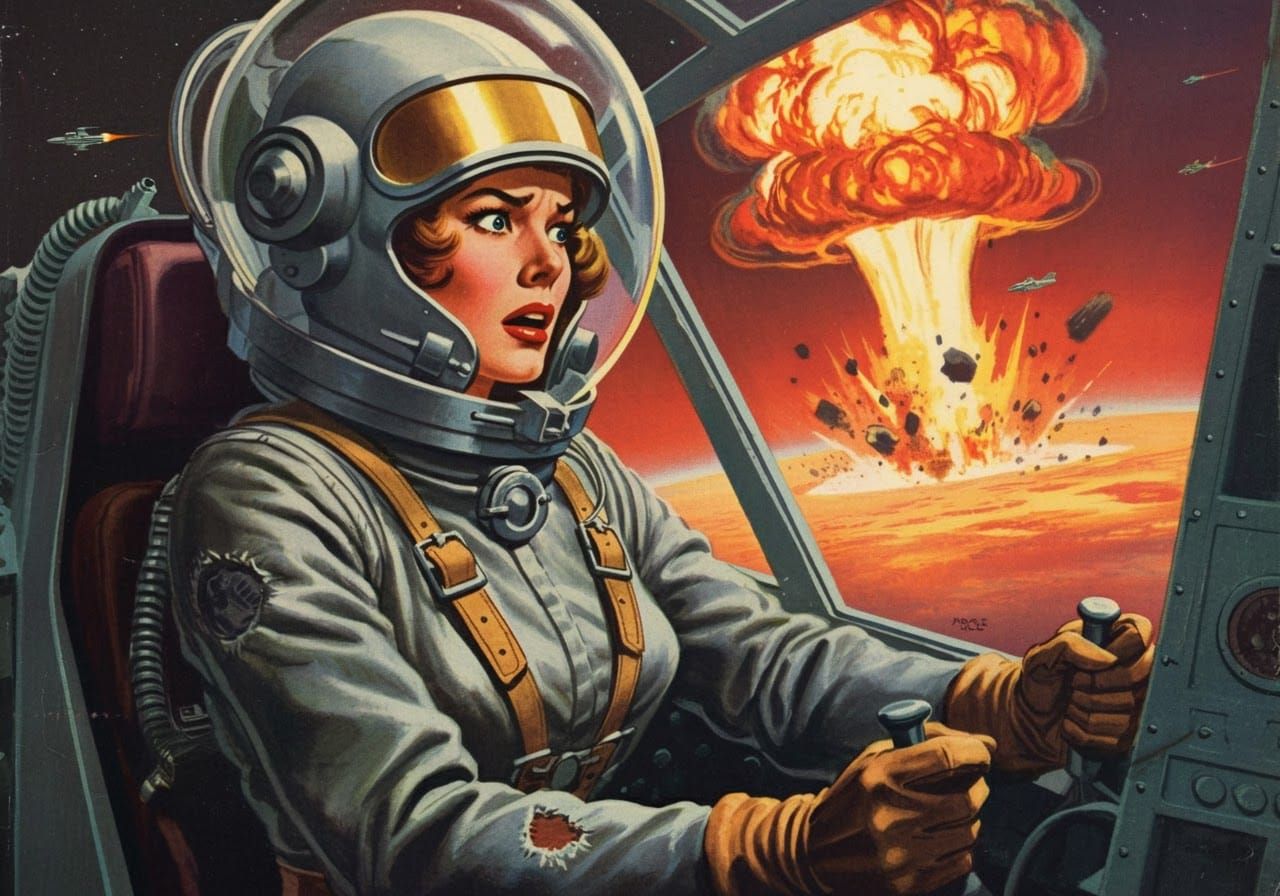 Spacewoman Pilots Spaceship in Retrofuturistic Illustration