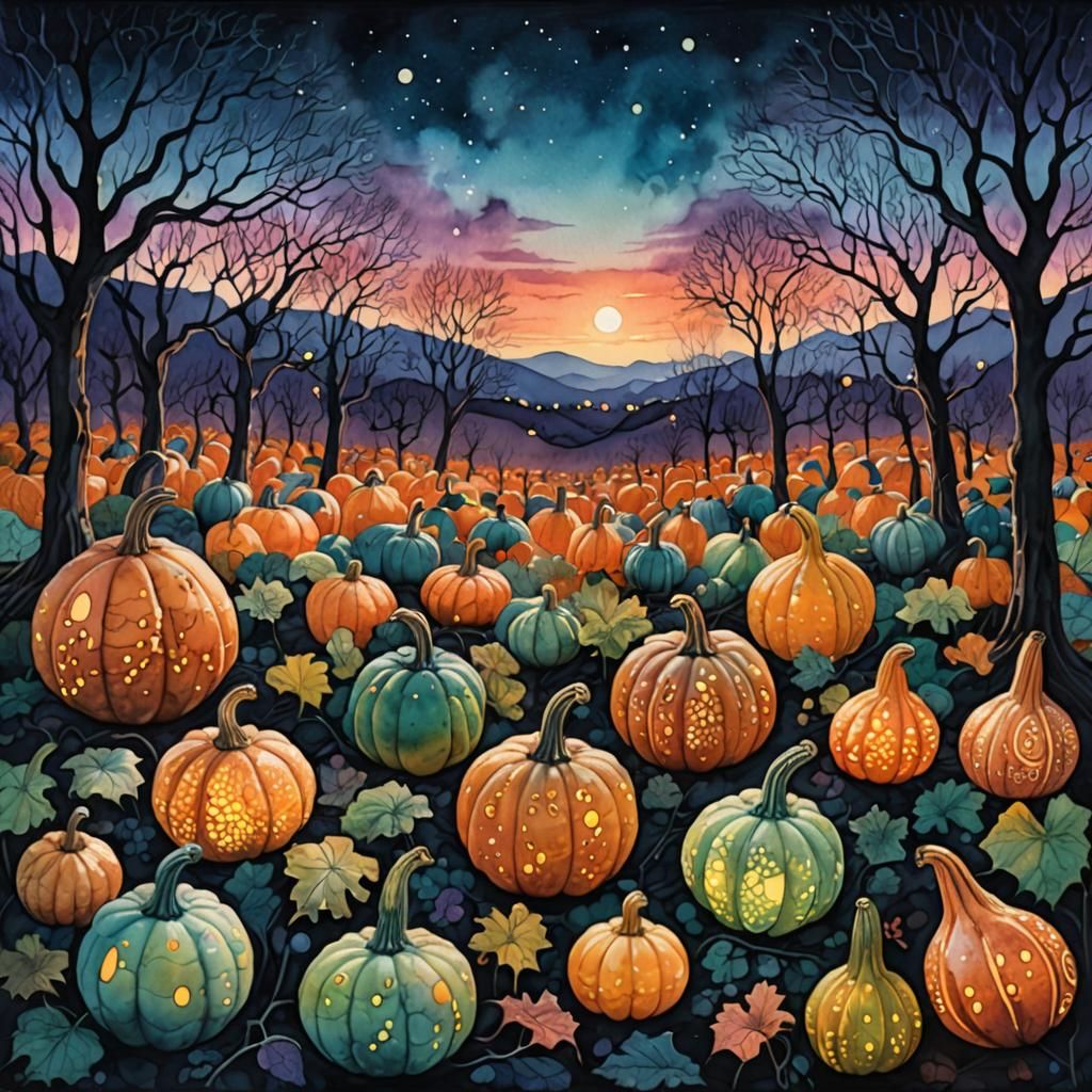 Mystical Gourds with Neon Patterns in Surreal Style