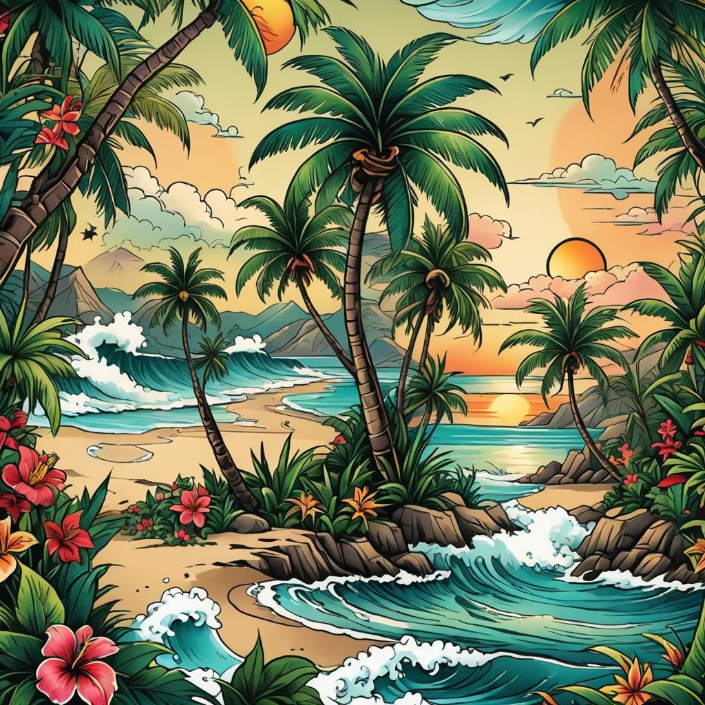 a stunning digital tattoo flash illustration that takes inspiration from the iconic Don Ed Hardy neo traditional tattoo ...