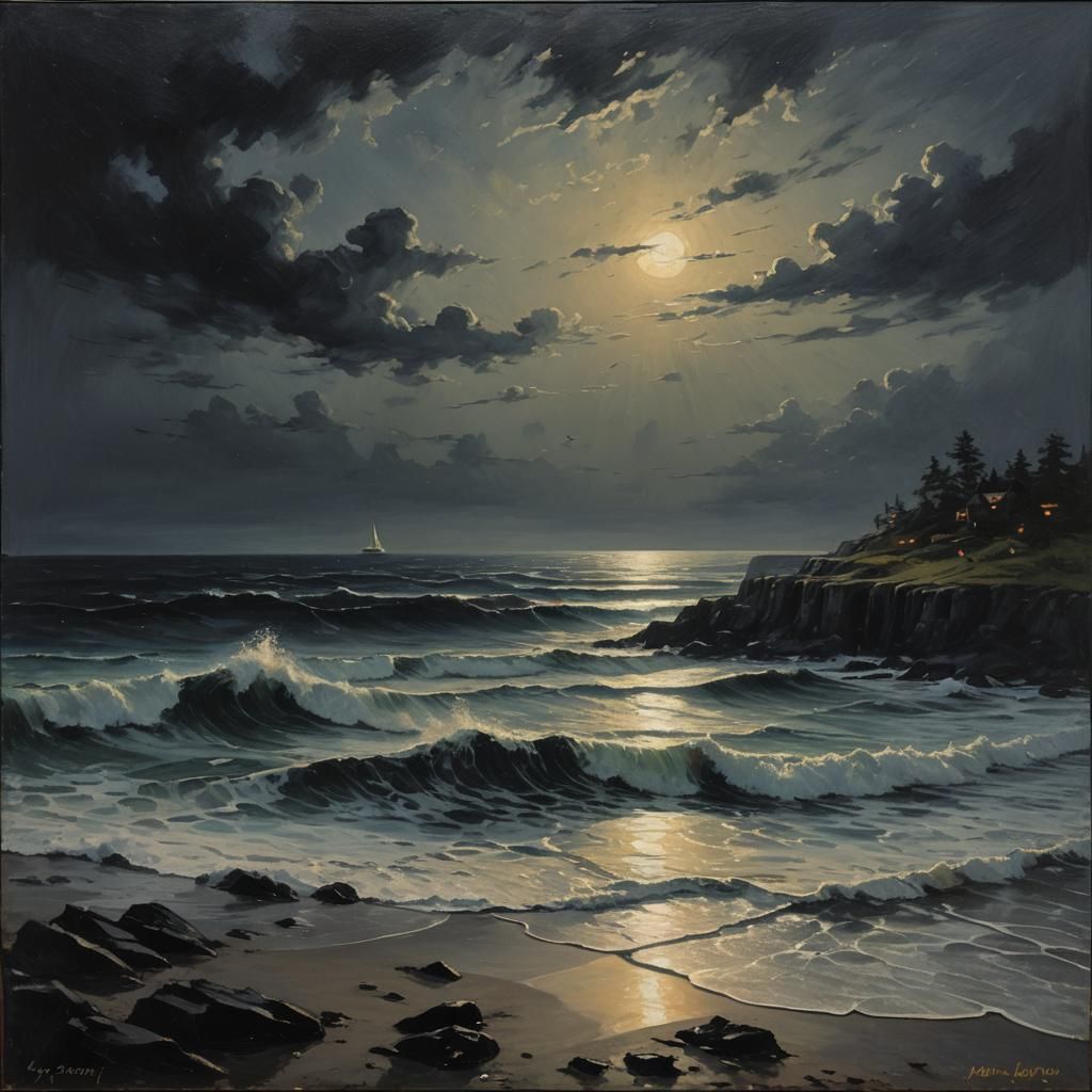 Eerie Night Seascape: Whispers on a Cold Shore