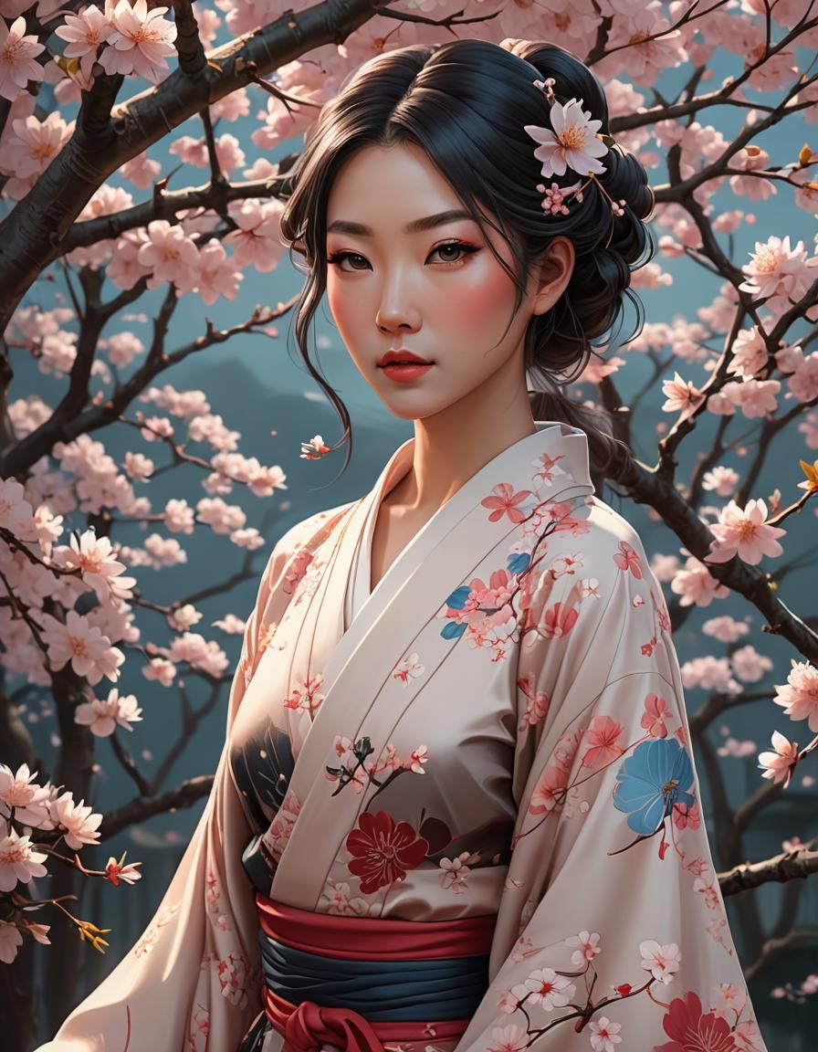 Japanese Girl Portrait with Cherry Blossoms in Art Nouveau S...