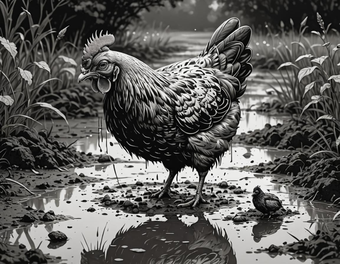Hen Gazing at Reflection: Monochromatic Ink Art