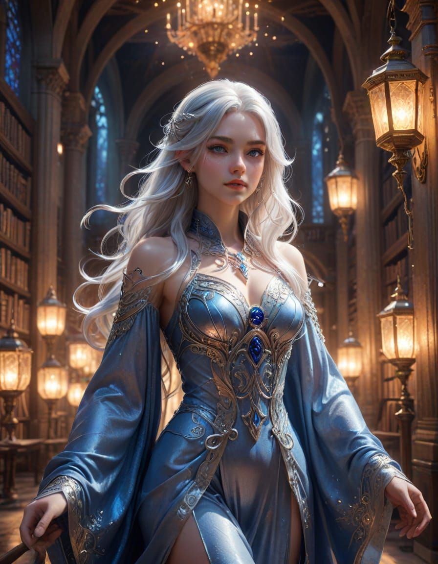 Anime-Inspired Mystic in a Grand Library