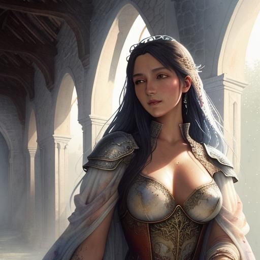 Medieval Beauty in Castle, Detailed Watercolor Art