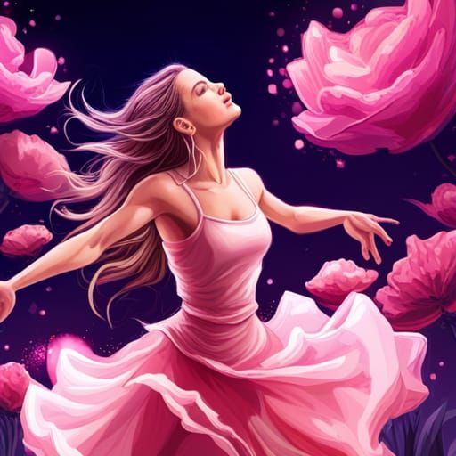 Girl Dancing in Pink Flowers: Hyperrealistic Portrait