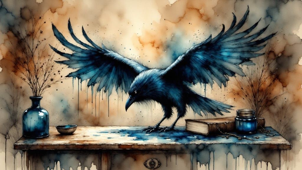 Ink Raven of Freedom on Antique Desk