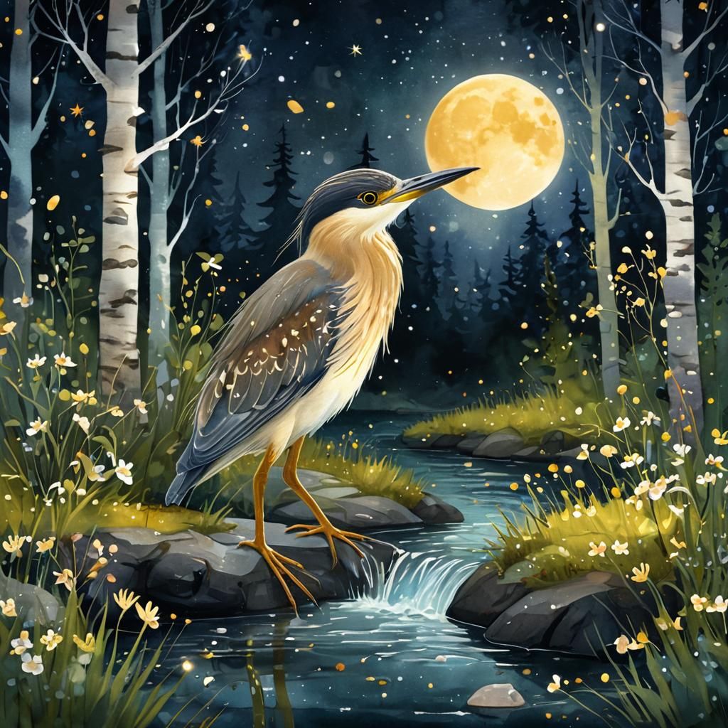 Enchanted Night Heron in Dreamy Watercolor Forest
