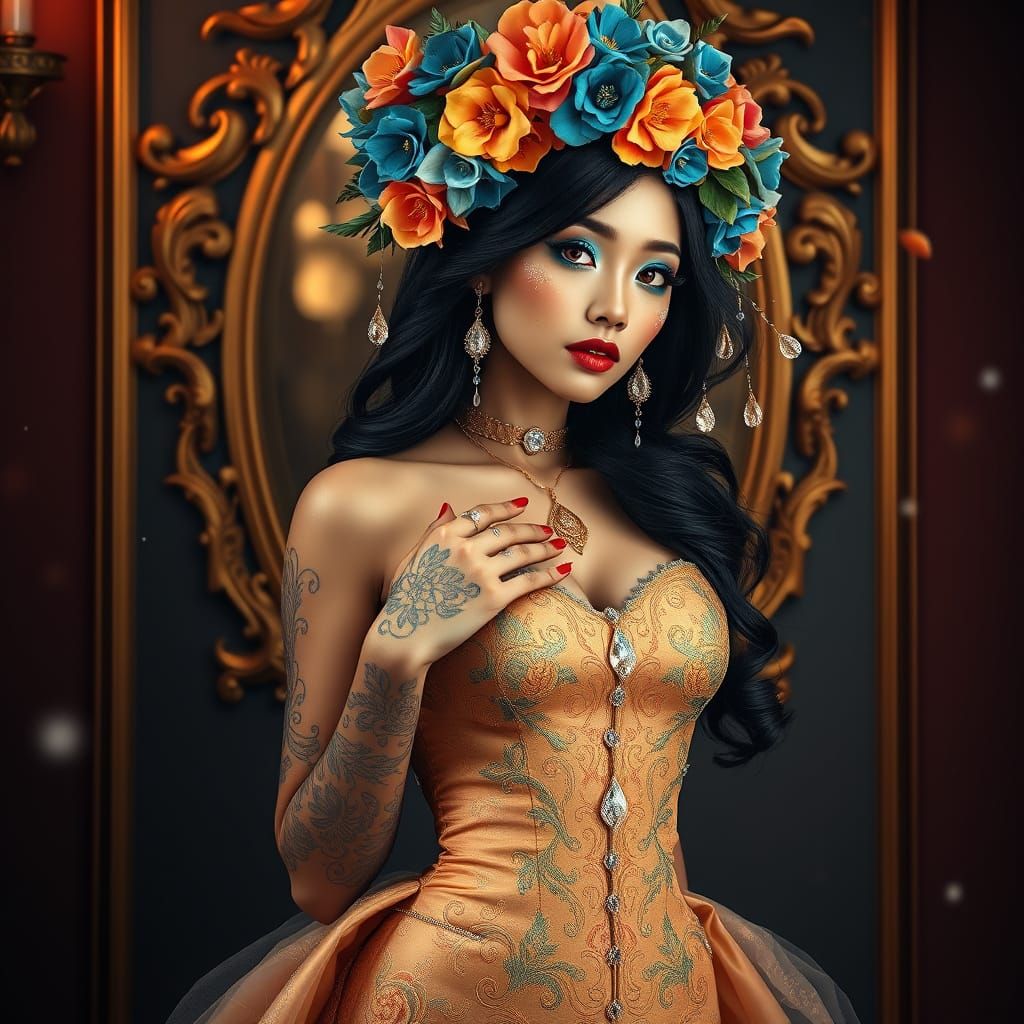Thai Woman in Opulent Floral Dress and Crown