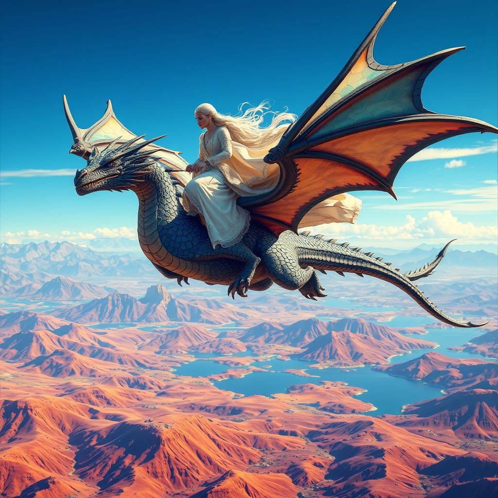 Vibrant Voxel Art of Daenerys and Her Dragon in Epic Flight