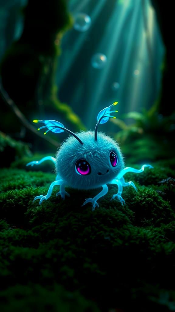 Fantasy Creature with Glowing Wings Explores Enchanted Fores...