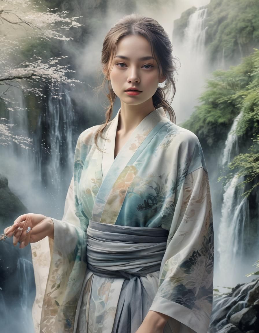 Serene Woman in Kimono by Waterfall: Watercolor Art