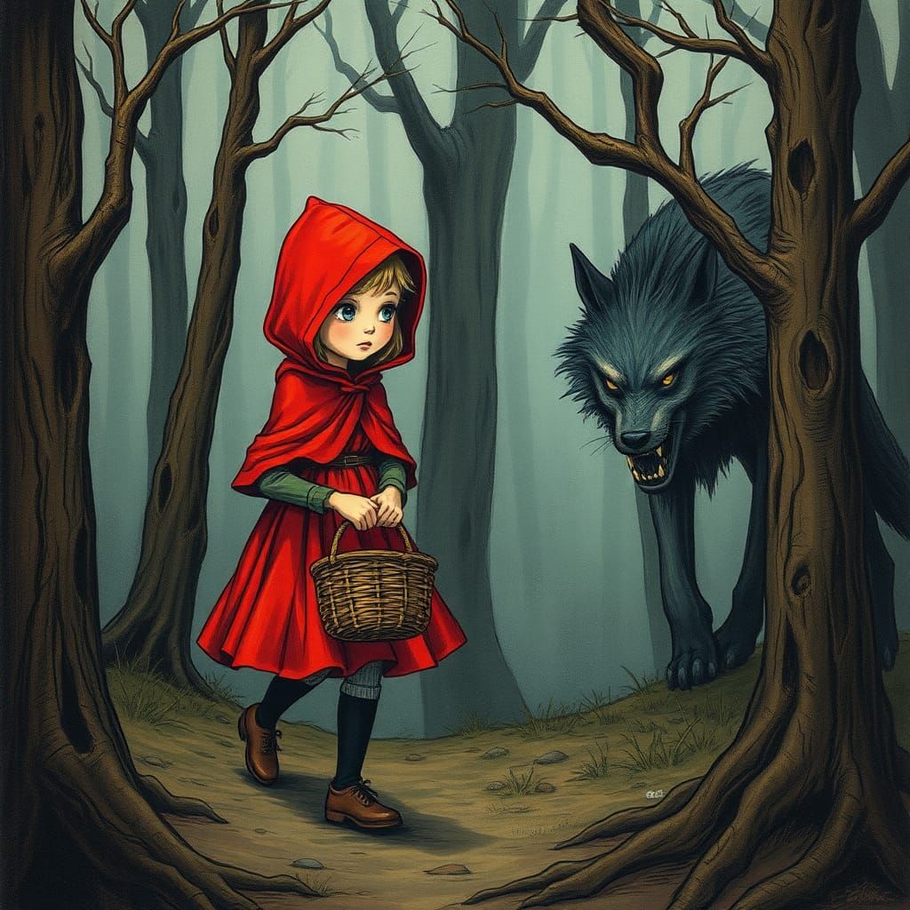 Little Red Riding Hood in a Misty Forest