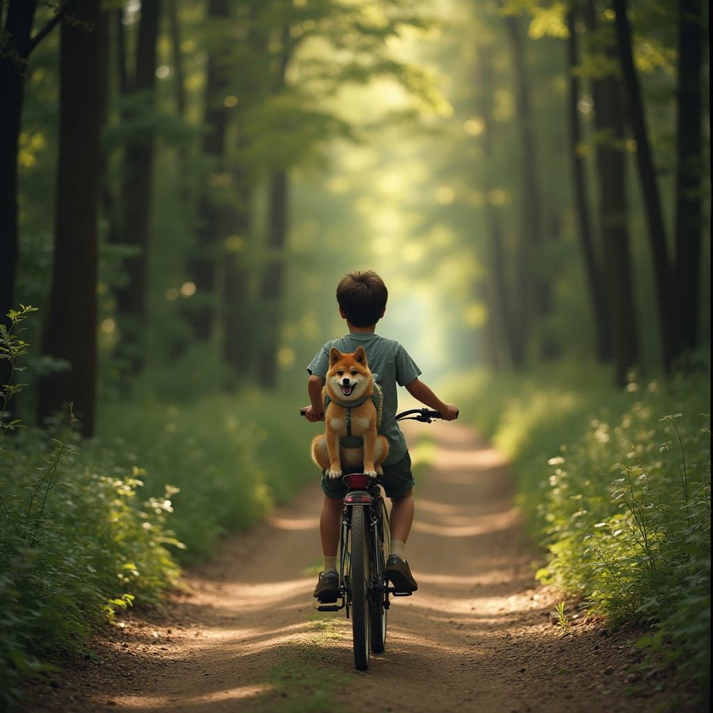 Boy Rides Bike with Shiba Inu on Forest Trail