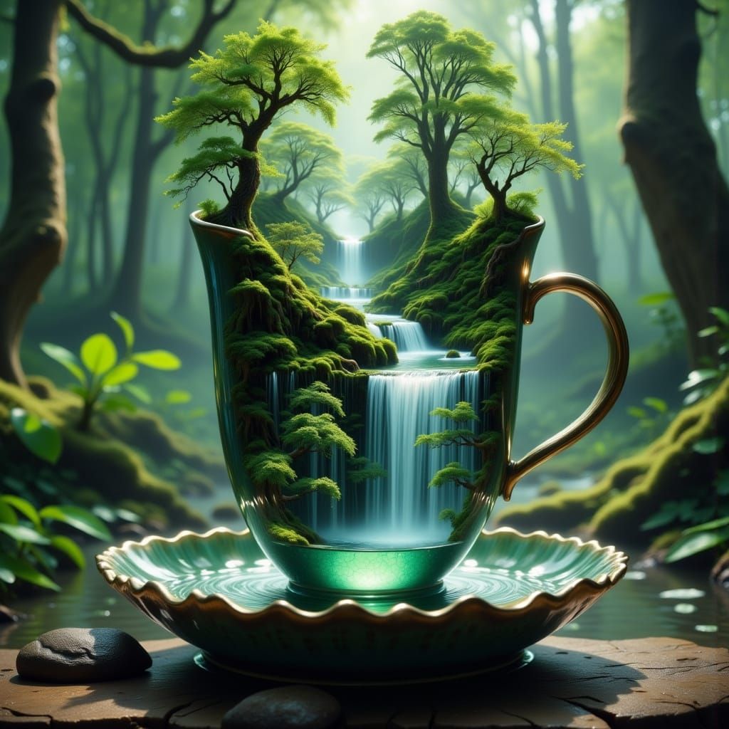 Surreal Forest Ecosystem Contained Within an Elegant Cup