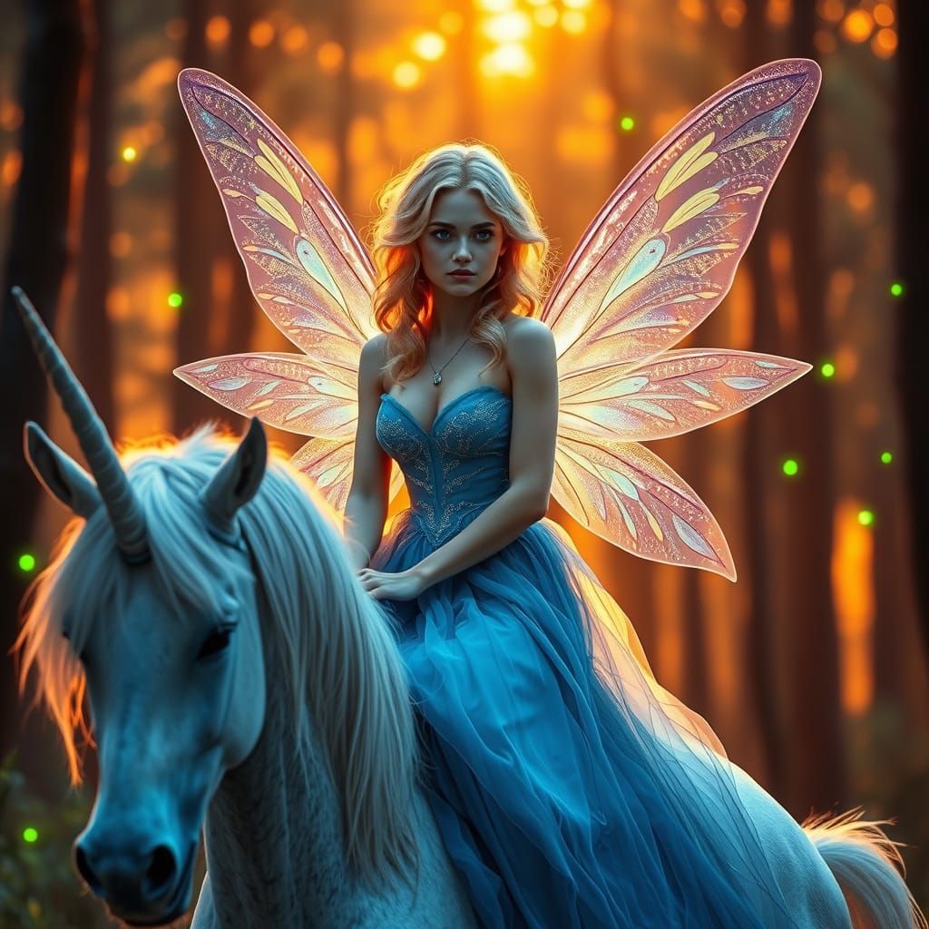 Fairy and Unicorn in Cyberpunk Forest