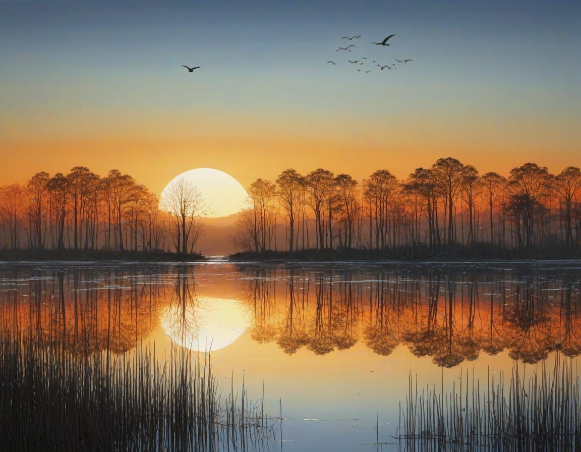 Mysterious Ruined City Reflection at Sunset