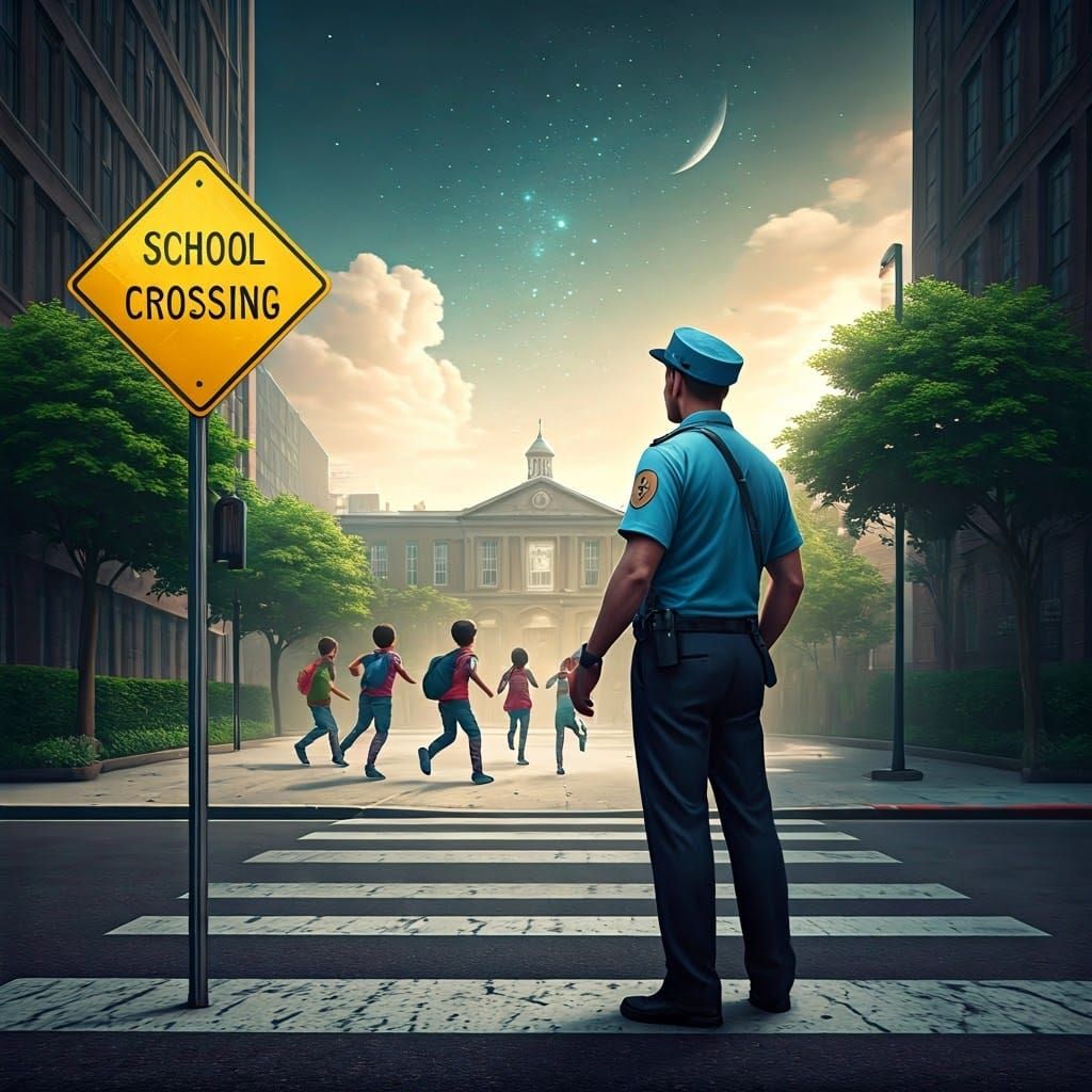 Crossing Guard Directs Children Near School: Matte Painting