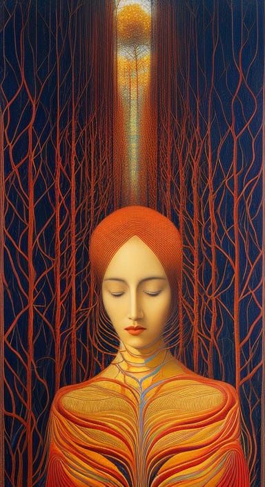 Sunset-Human Hybrid in Glass Forest, Oil on Ceramic