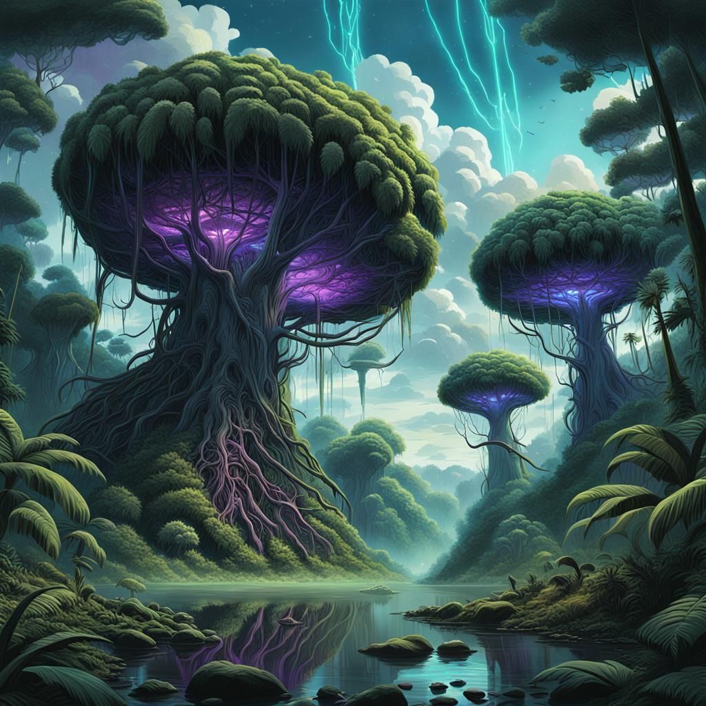 Luminous Jungle Under Purple Sky: Fantasy Concept Art