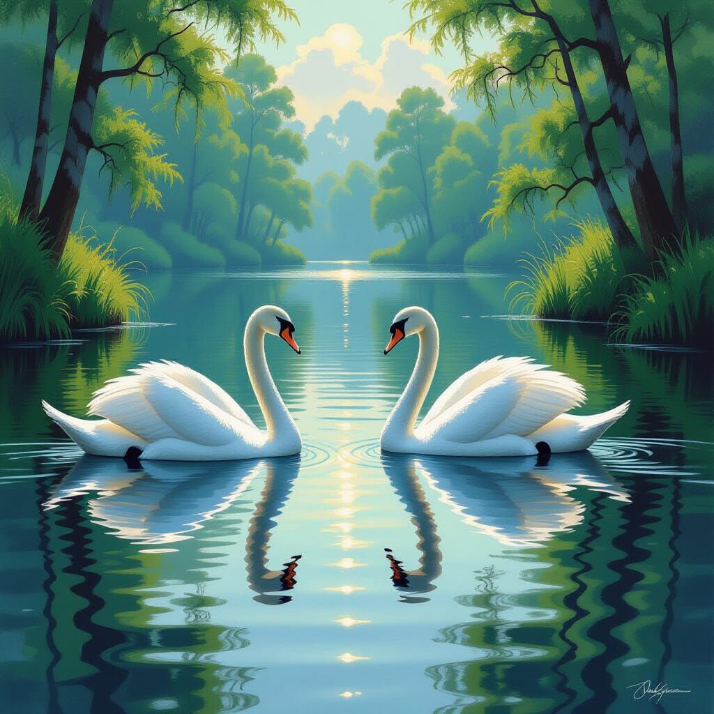 Swans Gliding Across Lake with Mirror Reflections