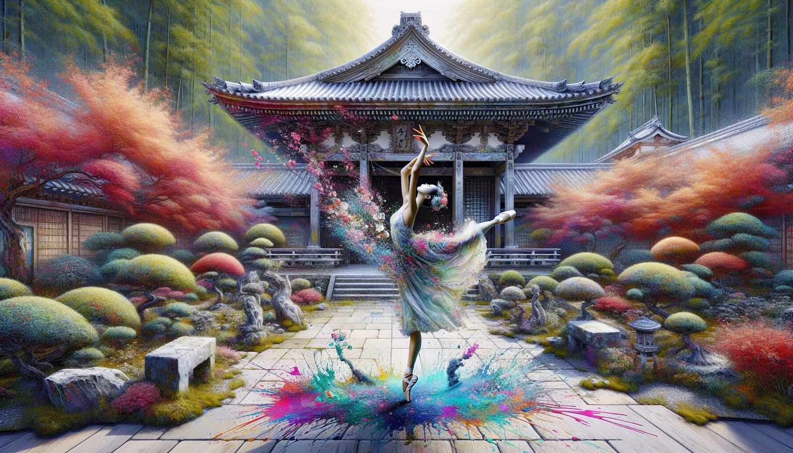 Japanese Ballerina Dancing in Digital Garden Art