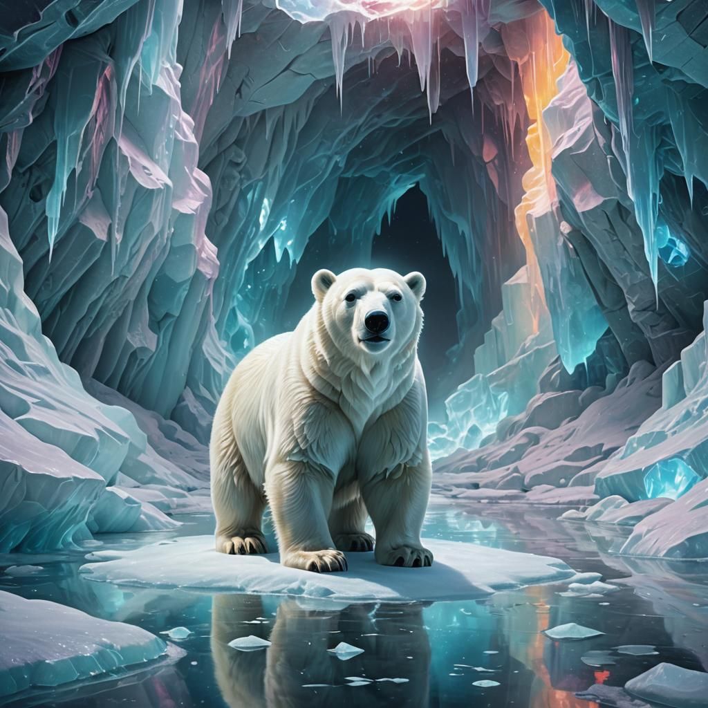 Ethereal Polar Bear Emerges in Futuristic Icy Cavern