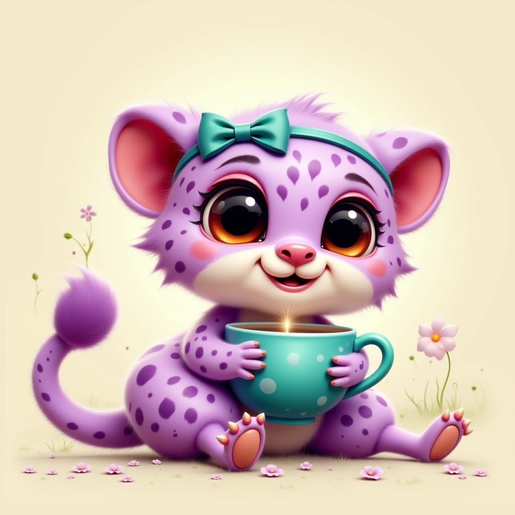 Plump Purple Baby Cheetah Holding Teal Cup in Children's Boo...