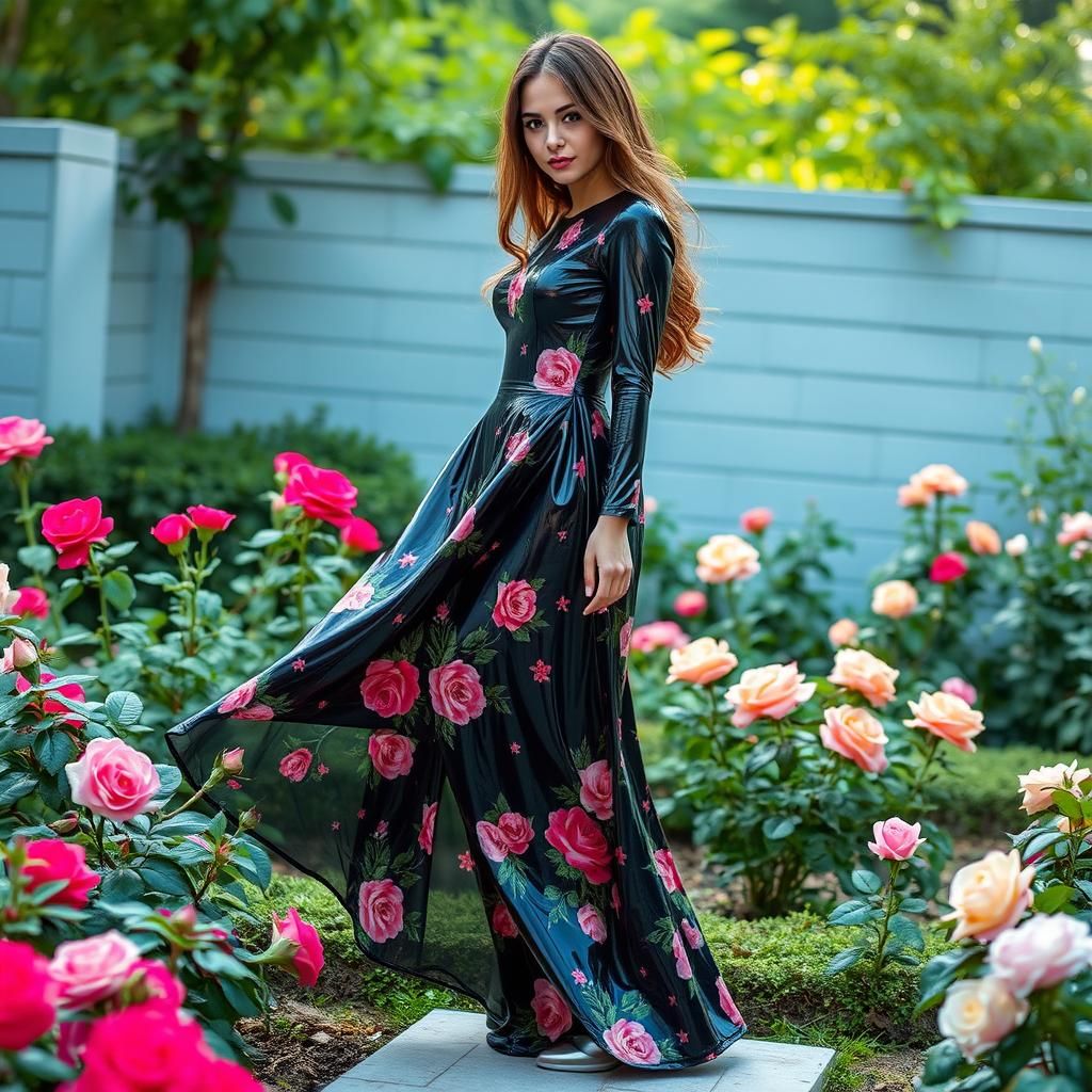 Woman in Floral Latex Dress in Rose Garden