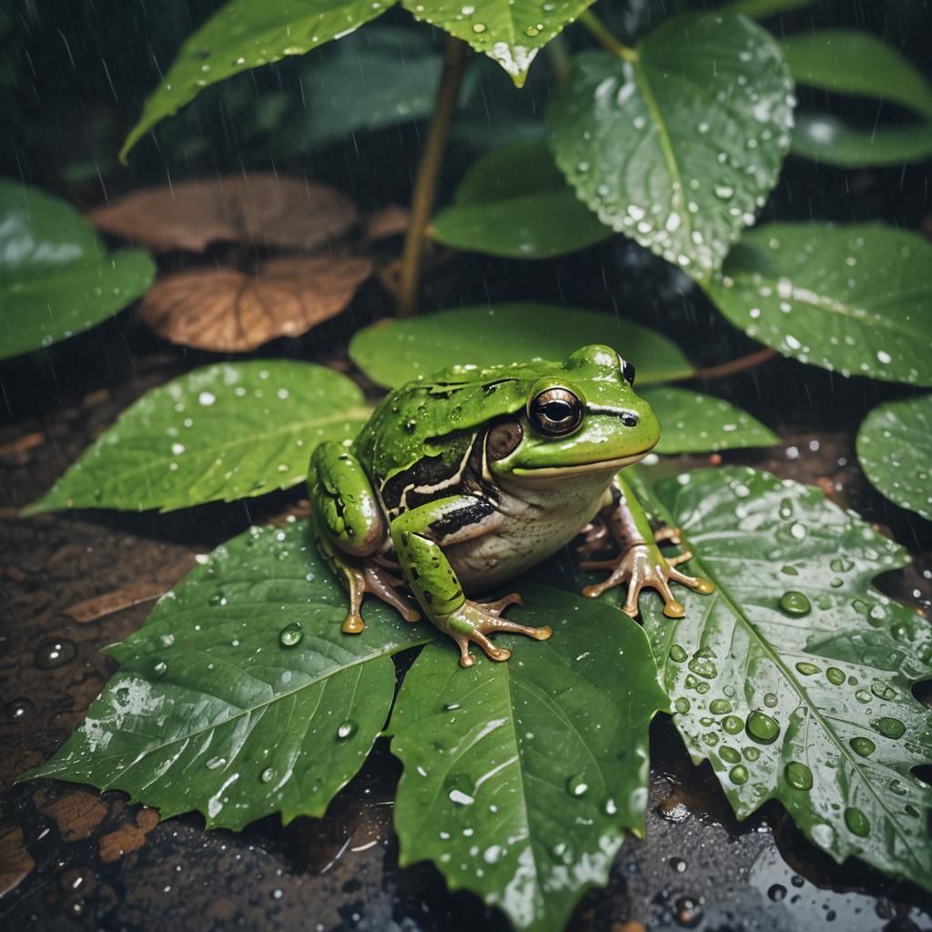 Cute Green Frog in Rainy Cinematic Scene