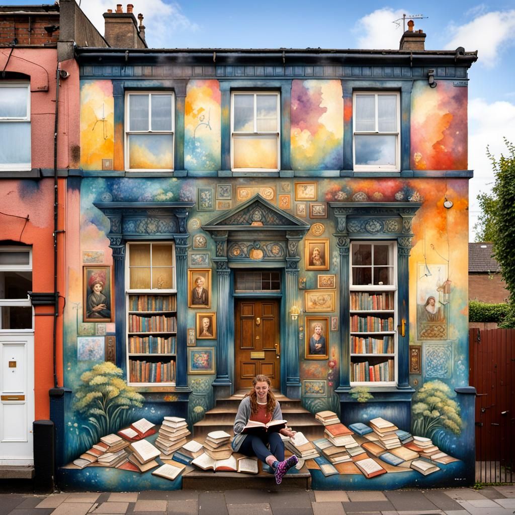 Enchanting Mural: Girl Reading in Glasgow, Fantasycore Water...