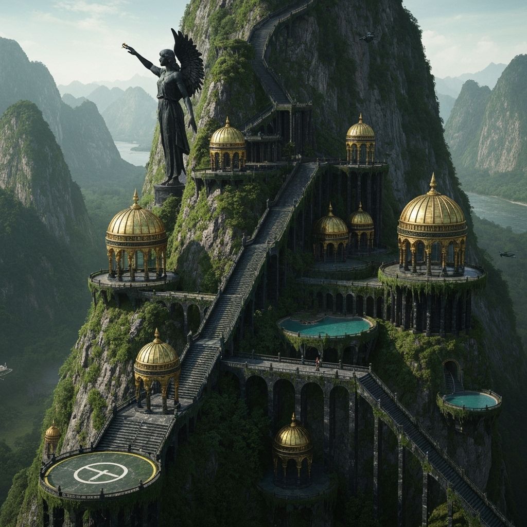 Abandoned Black Marble Temple City on Mountain with Angel St...