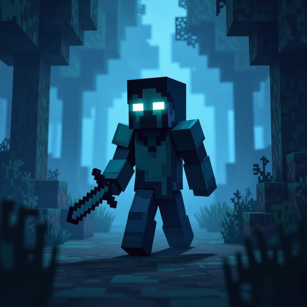 Herobrine Lurking in Dark Pixelated Forest