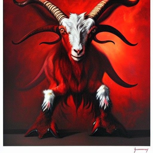 Fiery Red Demon with Goat Features in Oil Painting