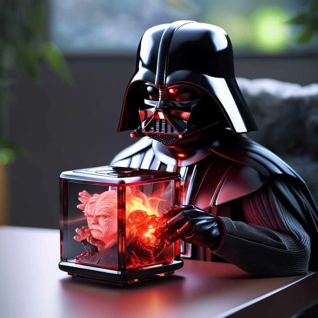 Cute adorable Darth Vader holding glass square and showing his head