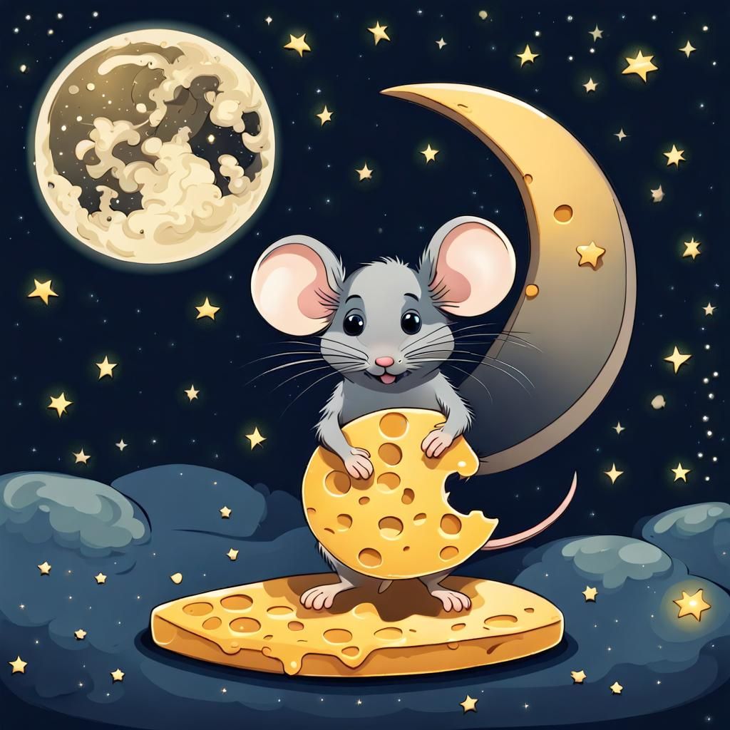 Cute Mouse Gazing at Cheese Moonlit Night