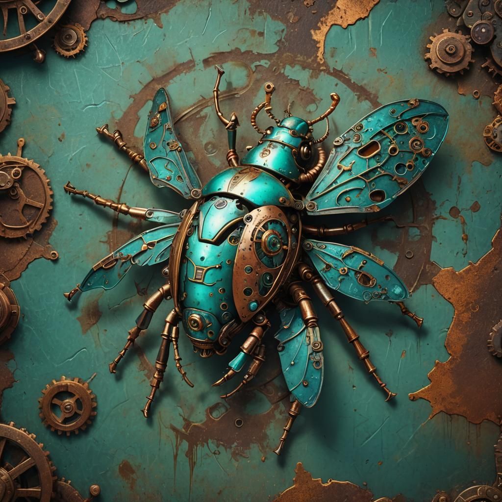 Steampunk Insect Robot on Rusted Metal
