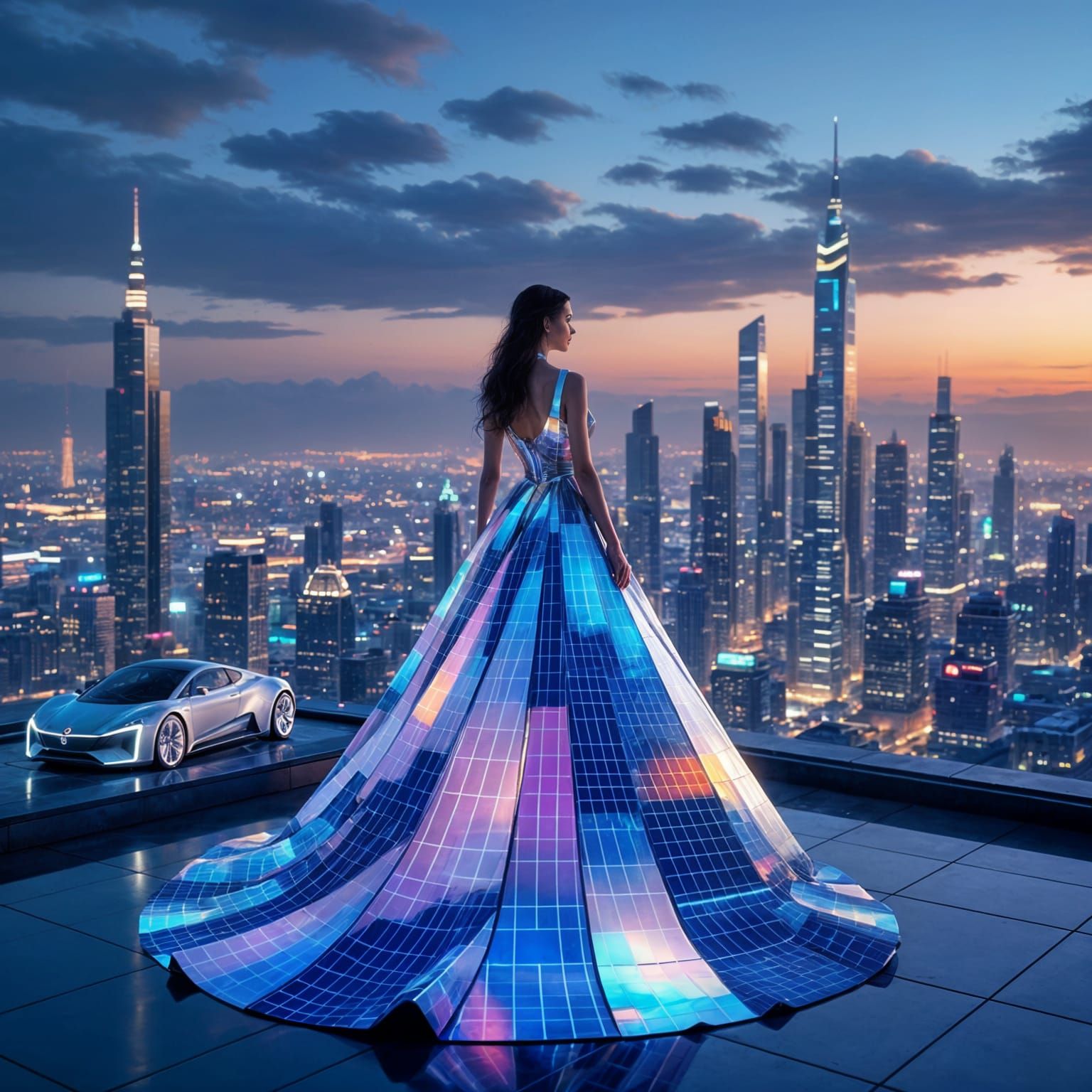 Futuristic Woman in Solar Gown at Dusk