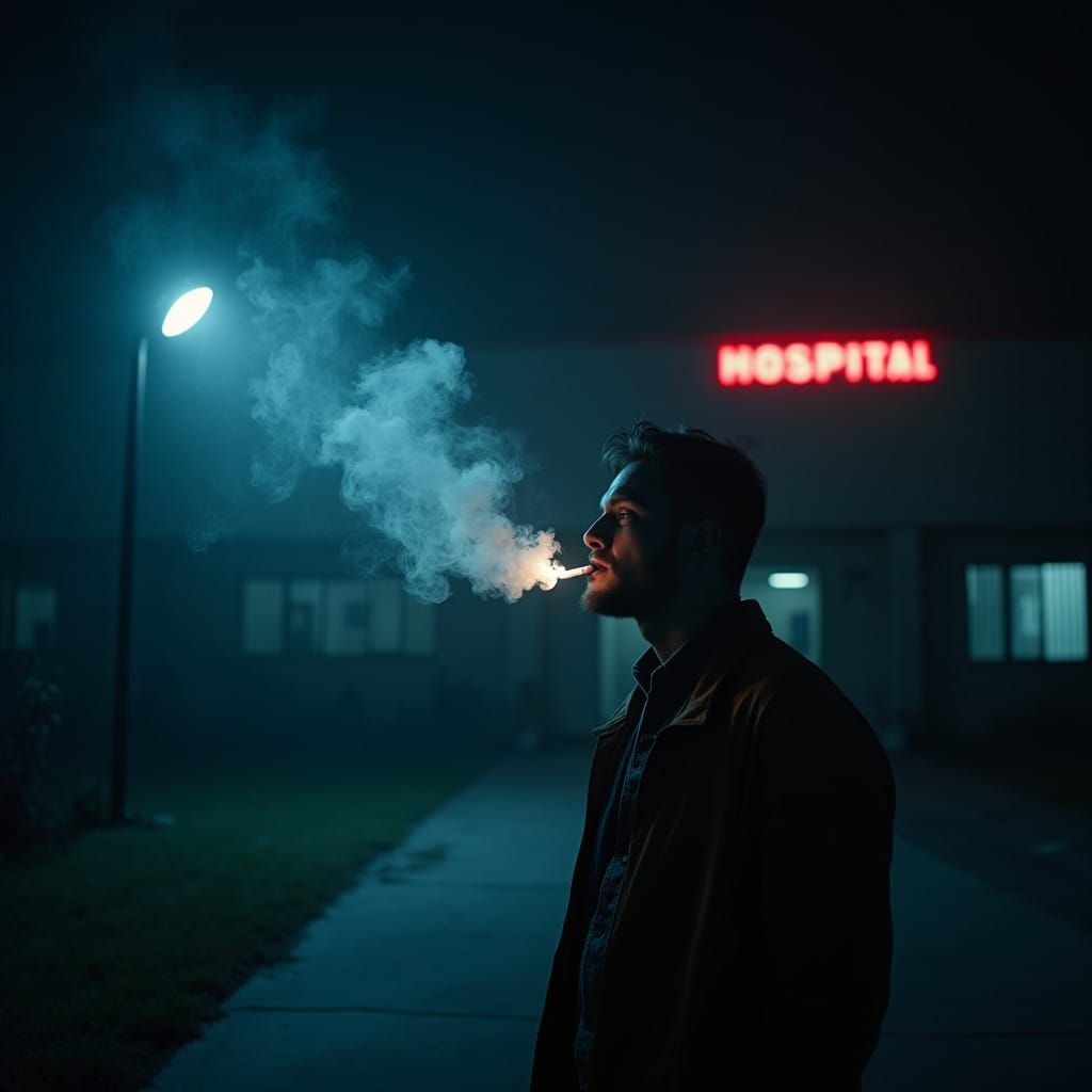 Man Lost in Thought Outside a Hospital at Night, Cinematic F...