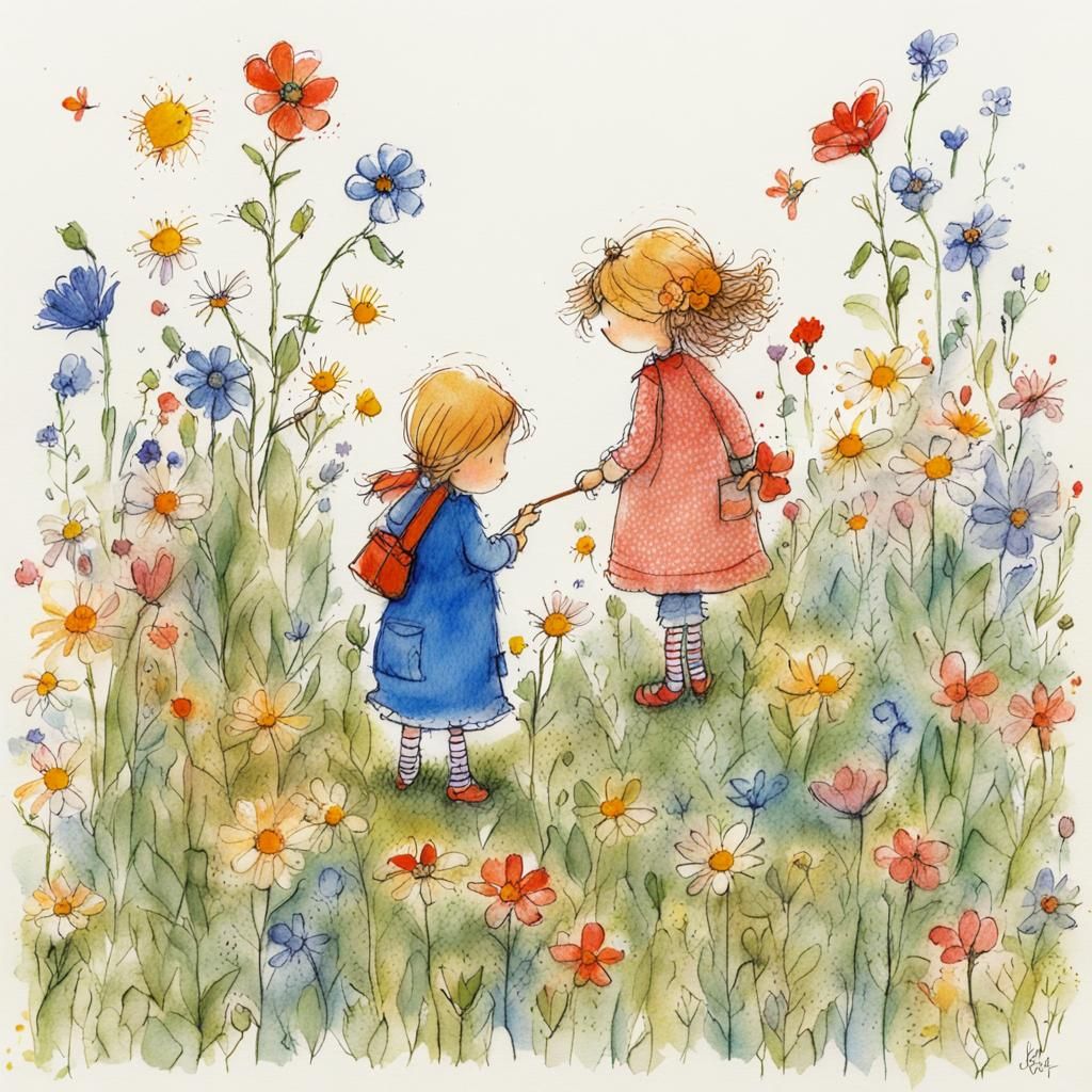 Girls in Garden: Colorful Crayon Doodle