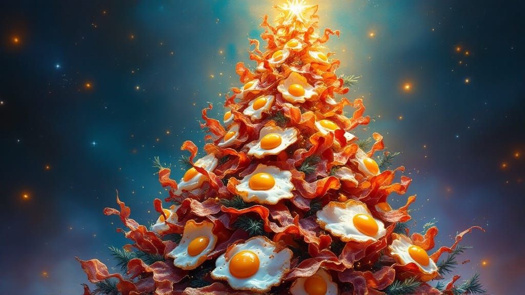 Surreal Christmas Tree Adorned with Crispy Bacon and Fried E...