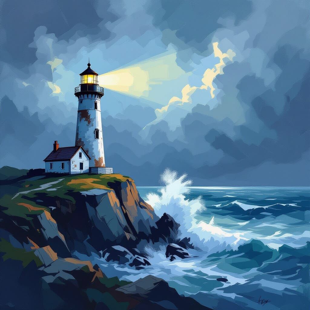 Abstract Expressionist Lighthouse in Stormy Seas