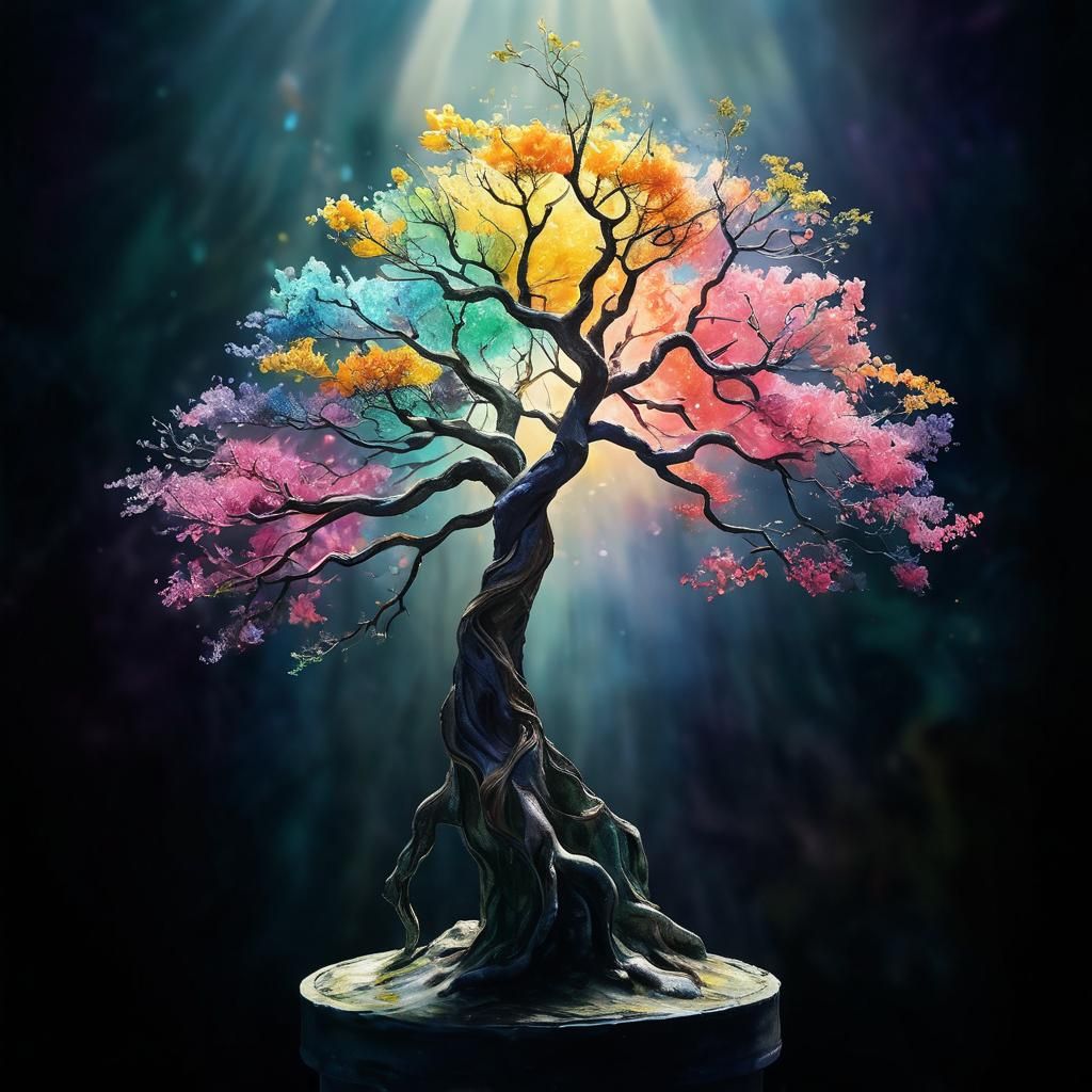 Ethereal Bonsai Tree in Watercolor Style