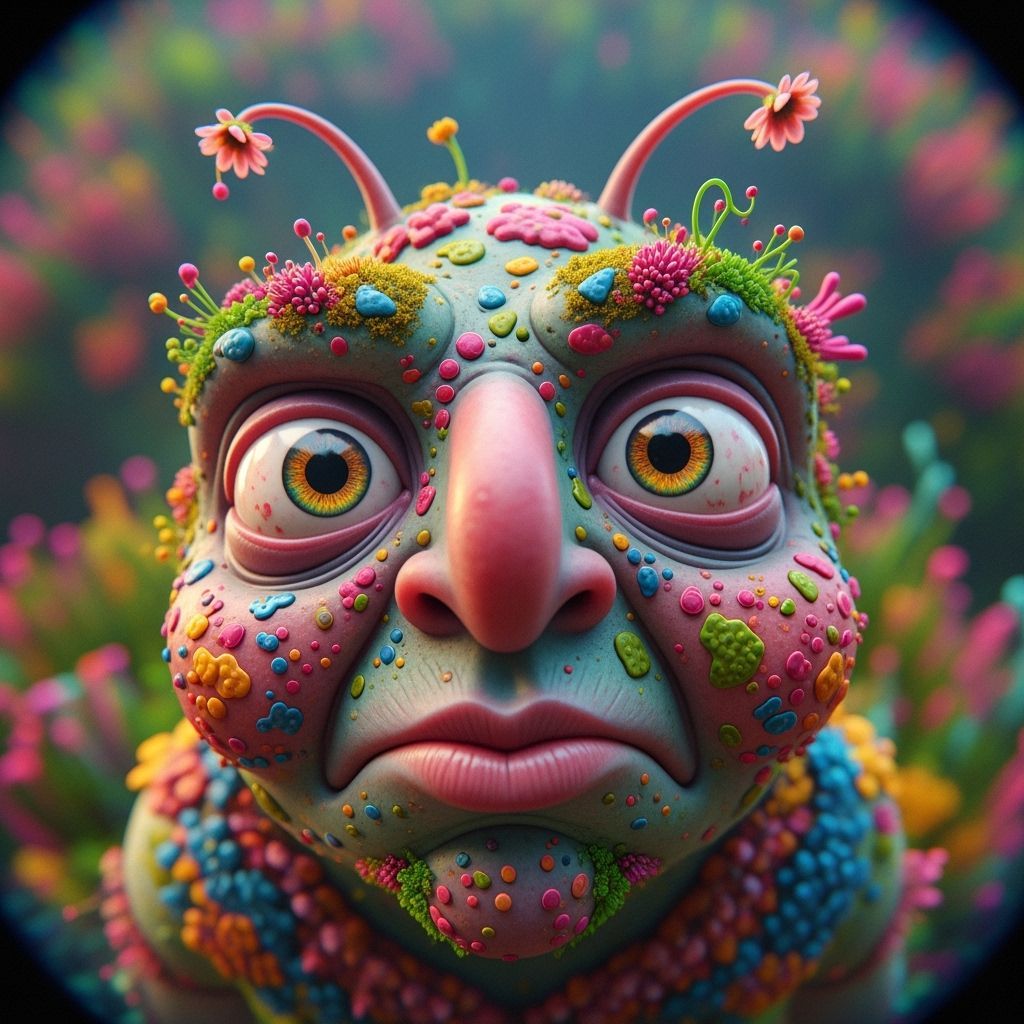 Whimsical Alien Face with Flora, Wide-Angle Distortion