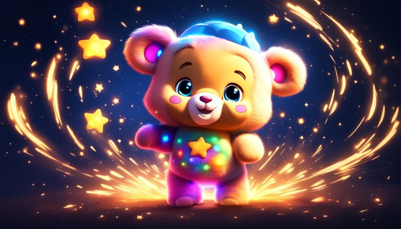 a full body light explosion cute carebear in the dark, lumin...
