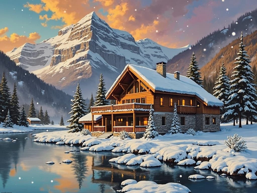 Winter Chalet in Surreal Impressionist Impasto Style