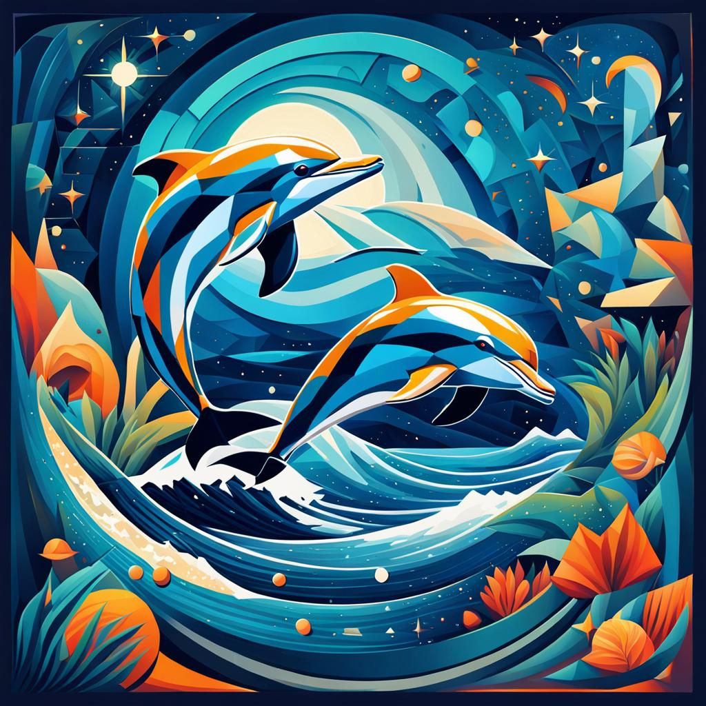 Dolphins Dancing Among Stars in Cubist Style