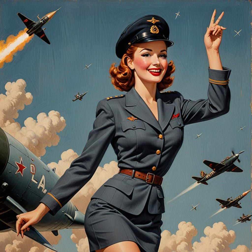 Pin-Up Girl Salutes from a Bomber in Vintage Style