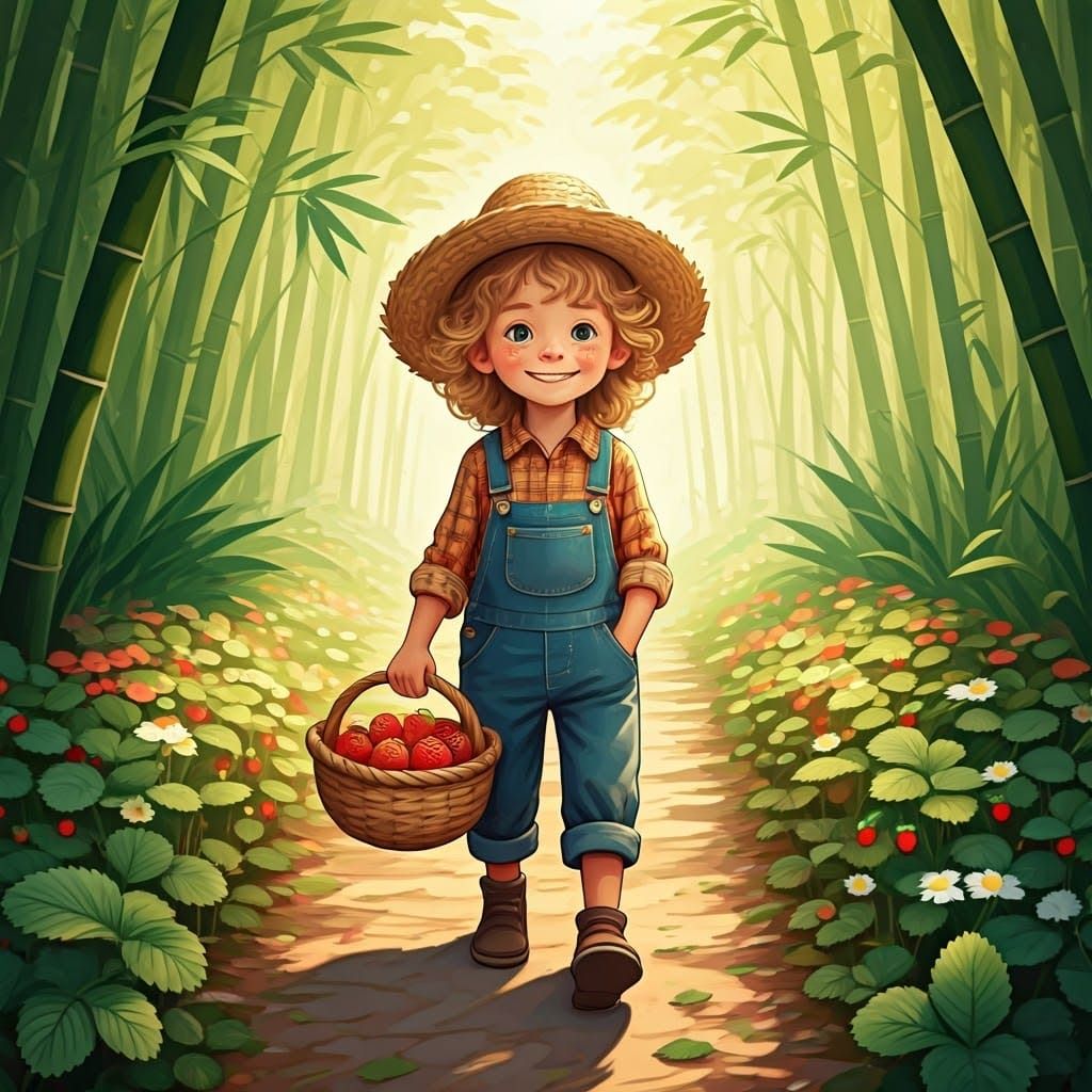 Whimsical Boy Picks Strawberries in a Bamboo Forest
