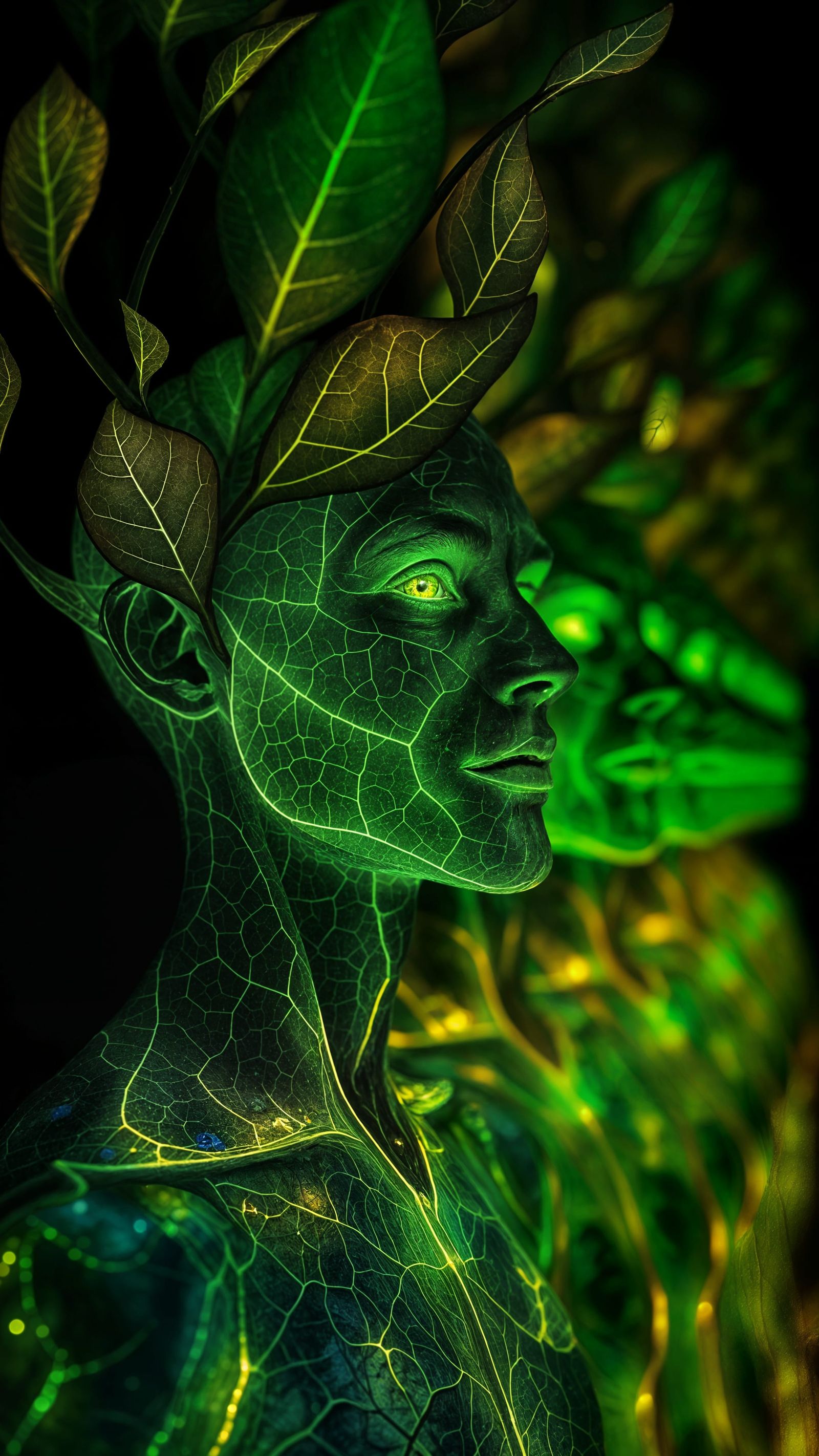 Bioluminescent Leaf People in a Surreal Row